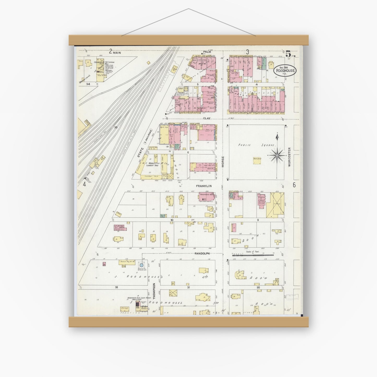 Old map wall art mockup — magnetic wood frame on white wall — Sanborn Fire Insurance Map from Roodhouse, Greene County, Illinois (1906), Sheet #0005