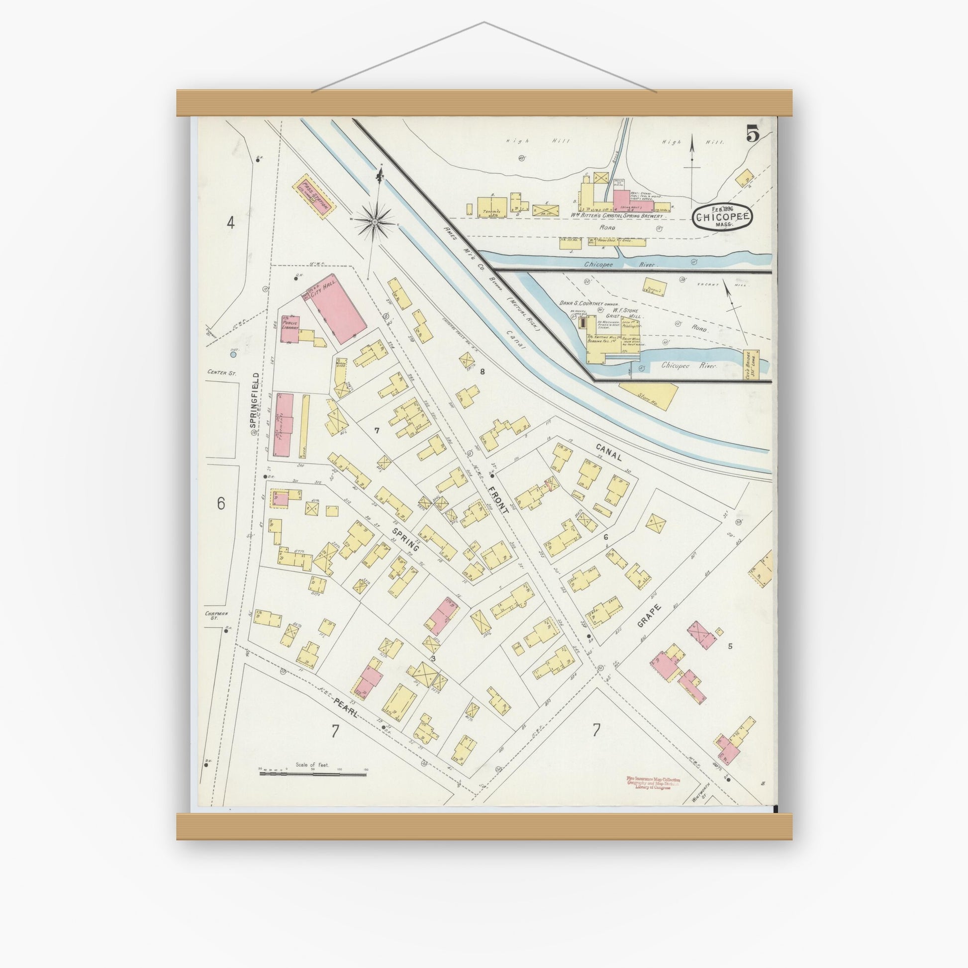 Old map wall art mockup — magnetic wood frame on white wall — Sanborn Fire Insurance Map from Chicopee, Hampden County, Massachusetts (1896), Sheet #0005