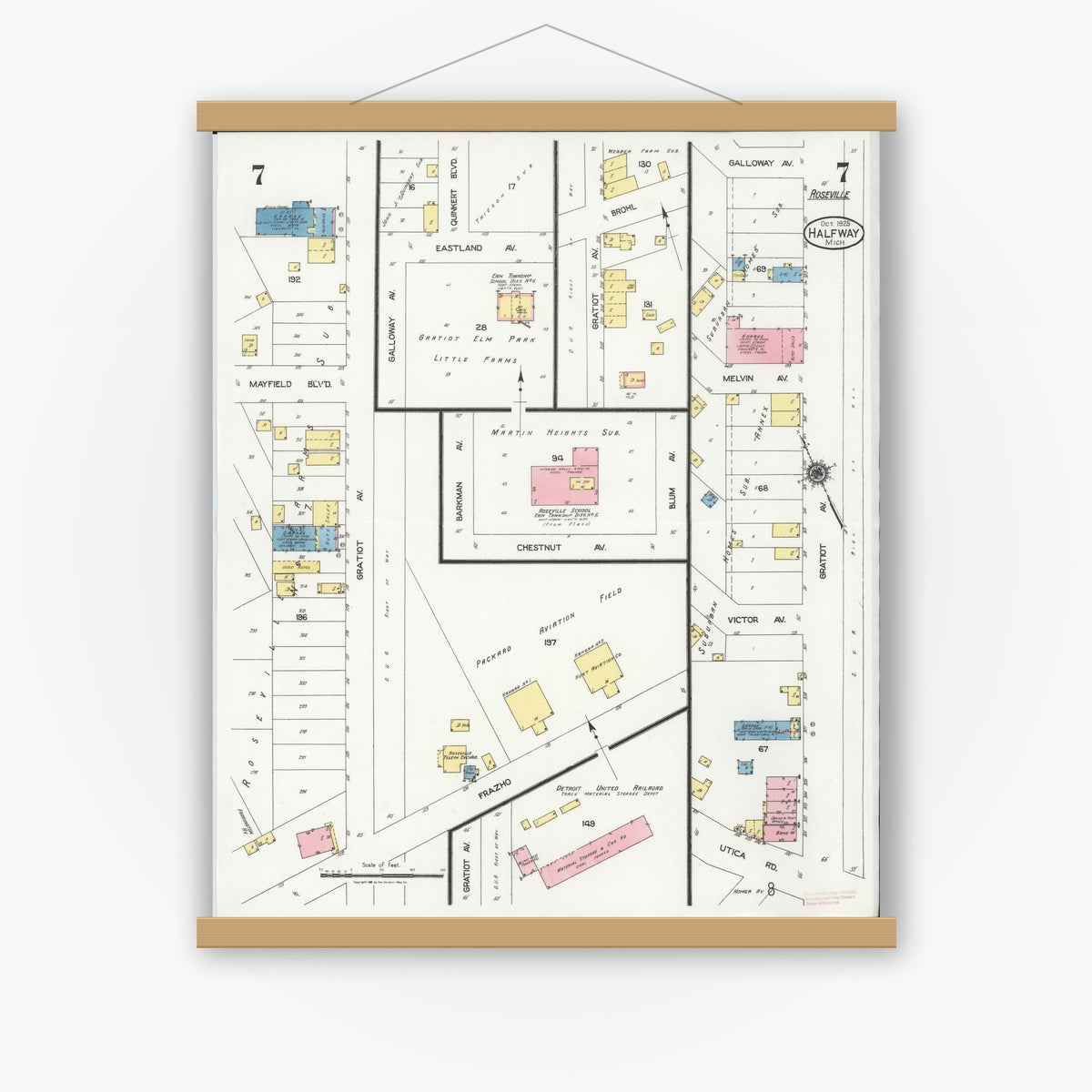 Old map wall art mockup — magnetic wood frame on white wall — Sanborn Fire Insurance Map from Halfway, Macomb County, Michigan (1925), Sheet #0007