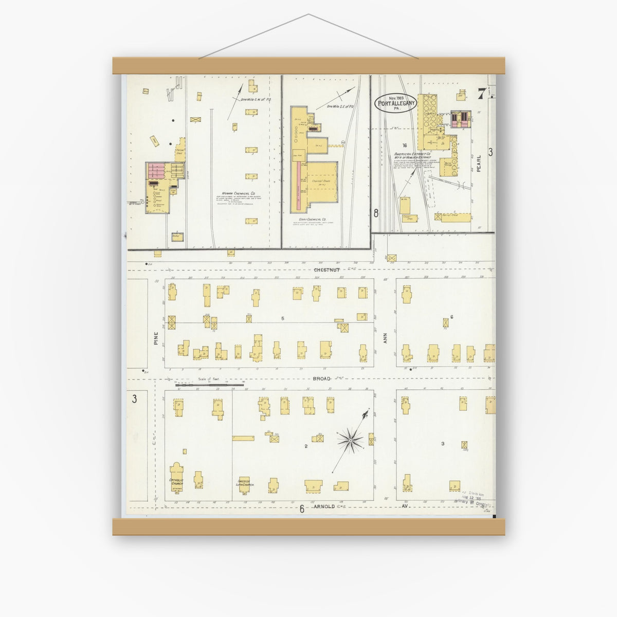 Old map wall art mockup — magnetic wood frame on white wall — Sanborn Fire Insurance Map from Port Allegany, McKean County, Pennsylvania (1903), Sheet #0007