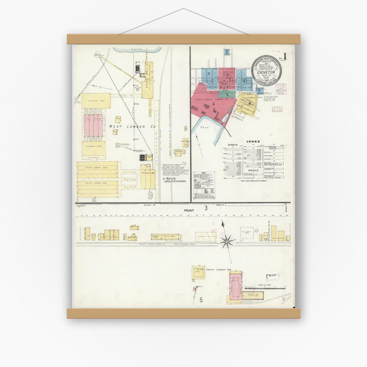 Old map wall art mockup — magnetic wood frame on white wall — Sanborn Fire Insurance Map from Groveton, Trinity County, Texas (1907), Sheet #0001