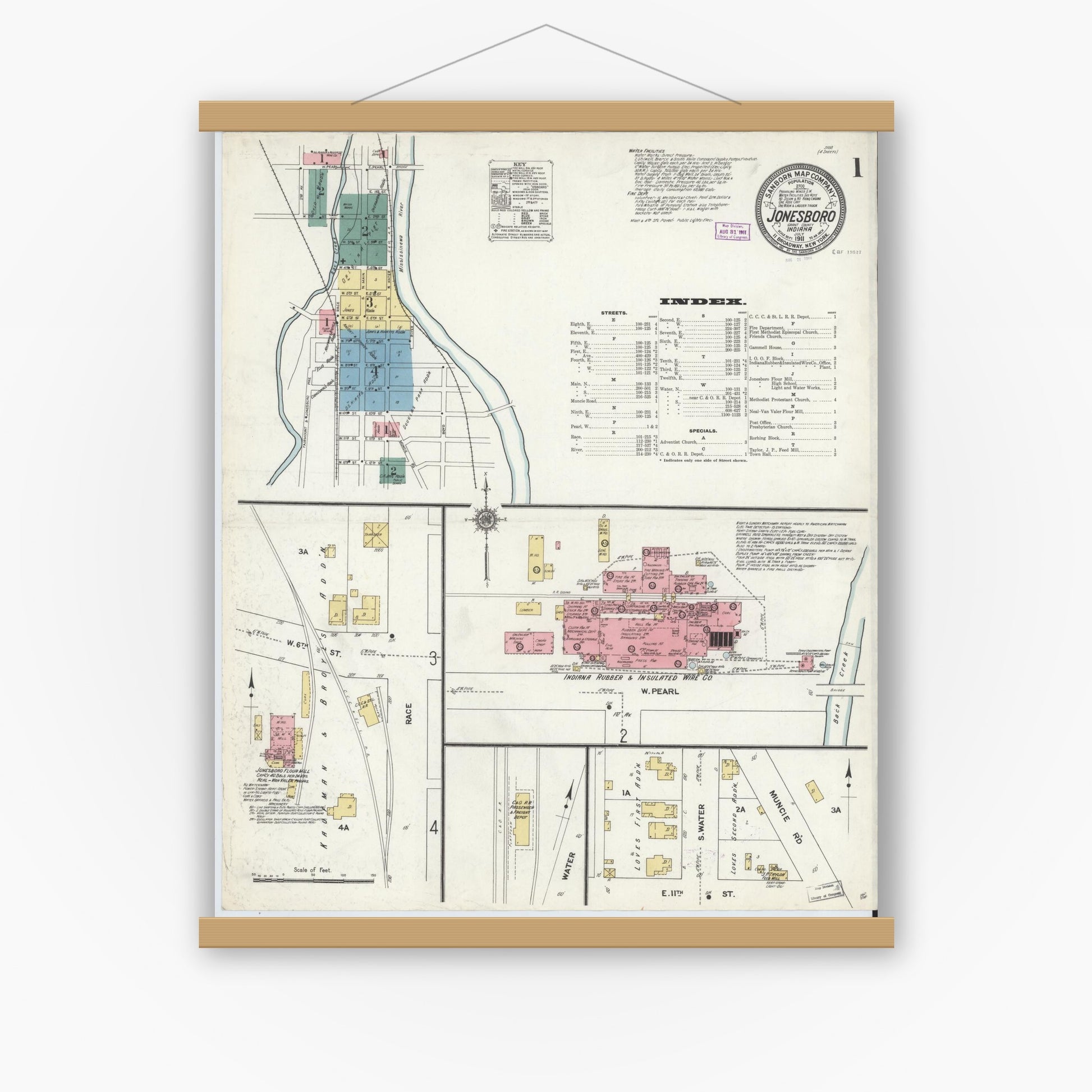 Old map wall art mockup — magnetic wood frame on white wall — Sanborn Fire Insurance Map from Jonesboro, Grant County, Indiana (1911), Sheet #0001