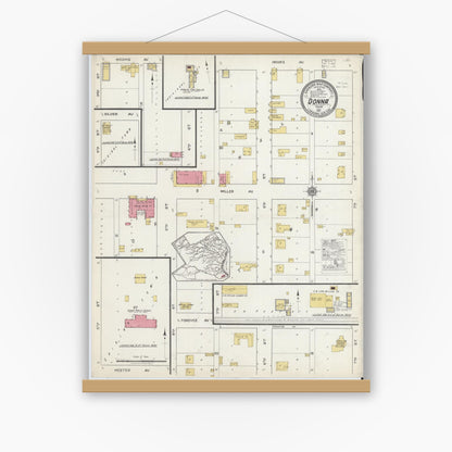 Old map wall art mockup — magnetic wood frame on white wall — Sanborn Fire Insurance Map from Donna, Hidalgo County, Texas (1917), Sheet #0001