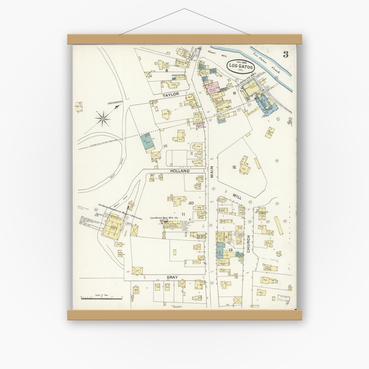 Old map wall art mockup — magnetic wood frame on white wall — Sanborn Fire Insurance Map from Los Gatos, Santa Clara County, California (1888), Sheet #0003