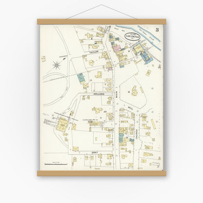Old map wall art mockup — magnetic wood frame on white wall — Sanborn Fire Insurance Map from Los Gatos, Santa Clara County, California (1888), Sheet #0003