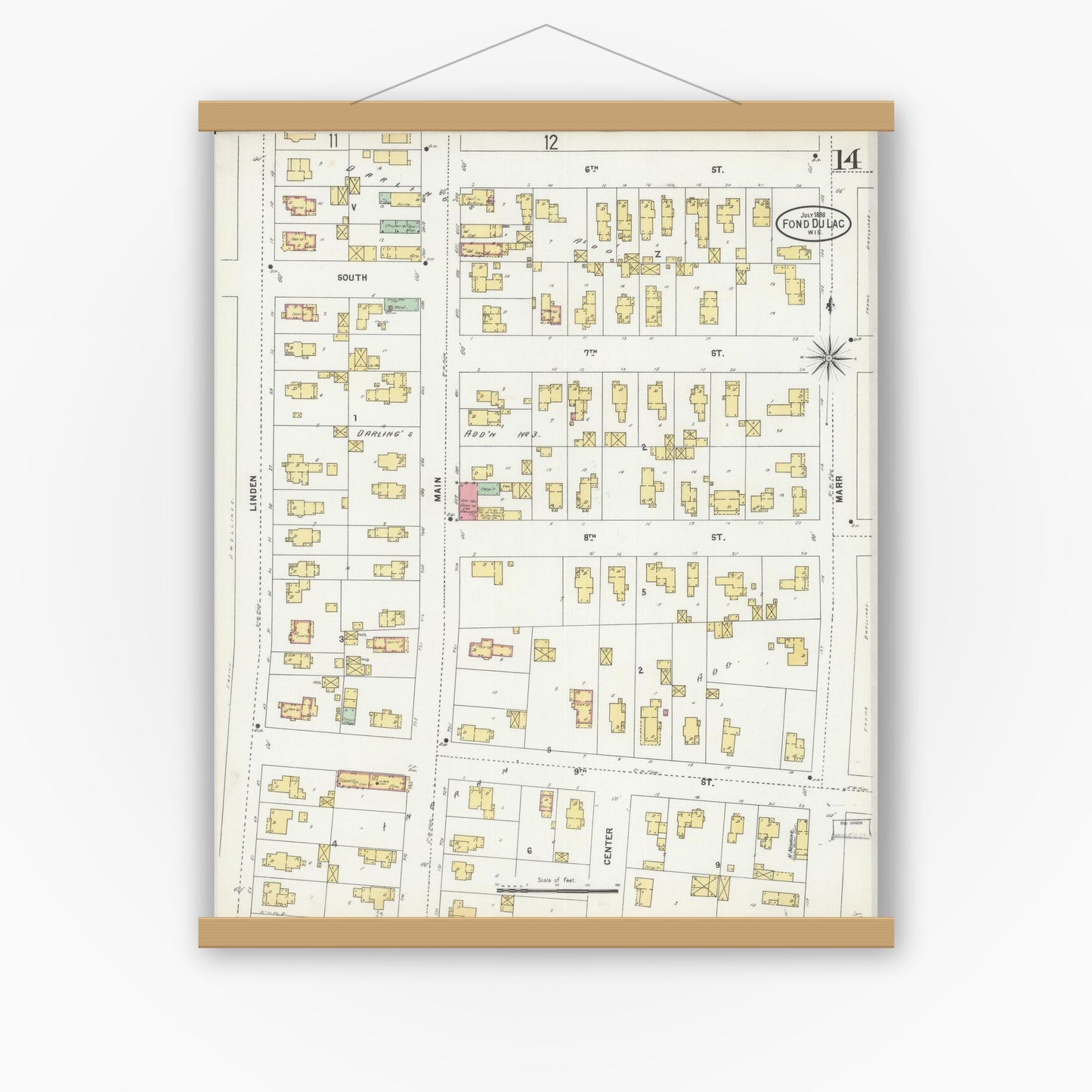 Old map wall art mockup — magnetic wood frame on white wall — Sanborn Fire Insurance Map from Fond du Lac, Fond du Lac County, Wisconsin (1898), Sheet #0014