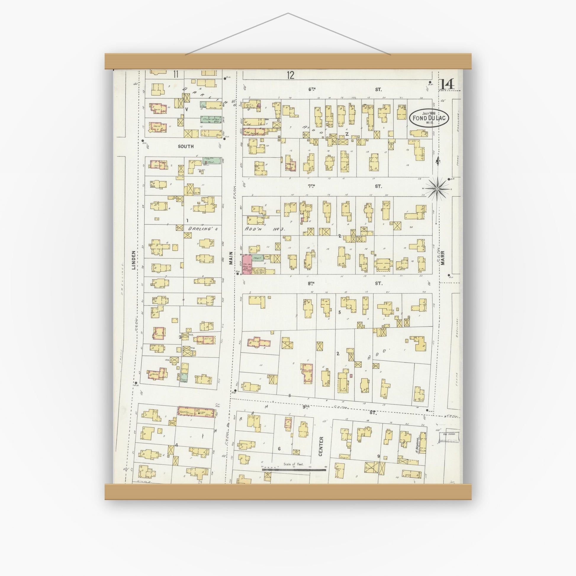 Old map wall art mockup — magnetic wood frame on white wall — Sanborn Fire Insurance Map from Fond du Lac, Fond du Lac County, Wisconsin (1898), Sheet #0014