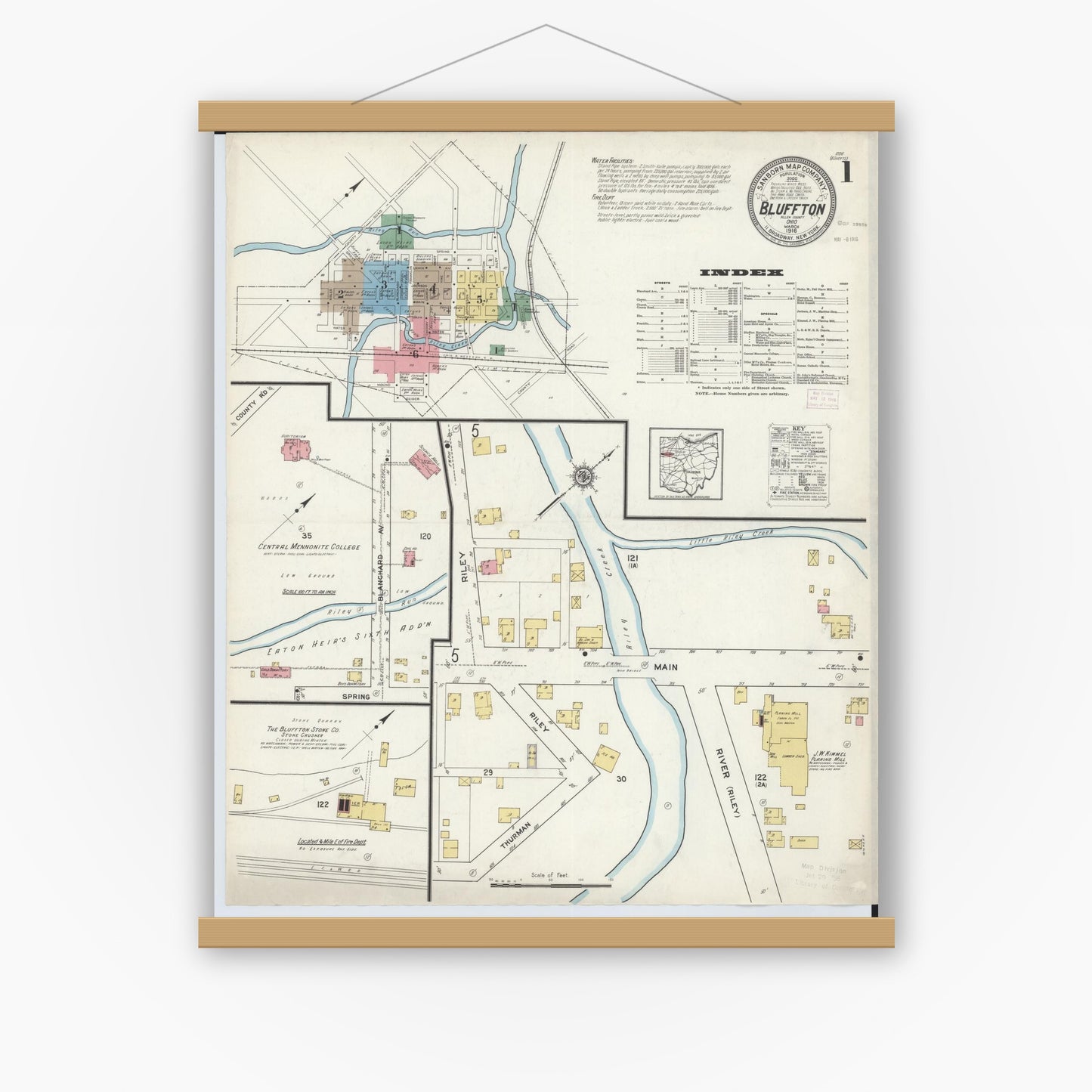 Old map wall art mockup — magnetic wood frame on white wall — Sanborn Fire Insurance Map from Bluffton, Allen County, Ohio (1916), Sheet #0001