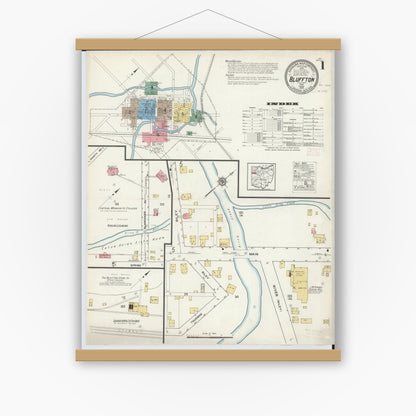 Old map wall art mockup — magnetic wood frame on white wall — Sanborn Fire Insurance Map from Bluffton, Allen County, Ohio (1916), Sheet #0001