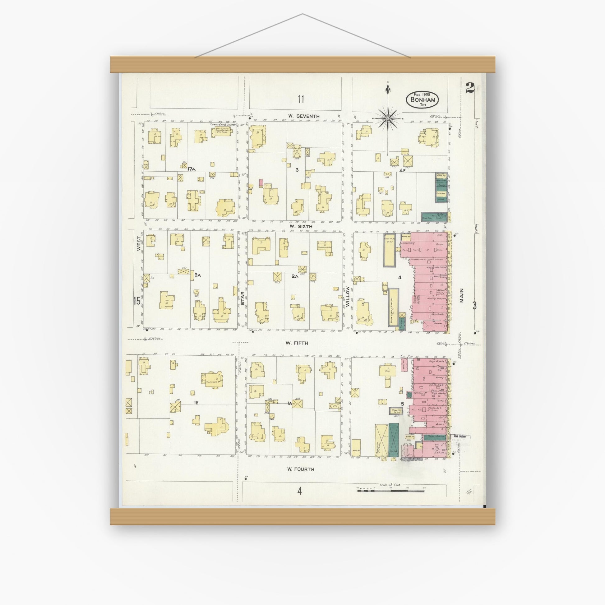 Old map wall art mockup — magnetic wood frame on white wall — Sanborn Fire Insurance Map from Bonham, Fannin County, Texas (1909), Sheet #0002