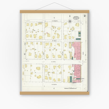 Old map wall art mockup — magnetic wood frame on white wall — Sanborn Fire Insurance Map from Bonham, Fannin County, Texas (1909), Sheet #0002
