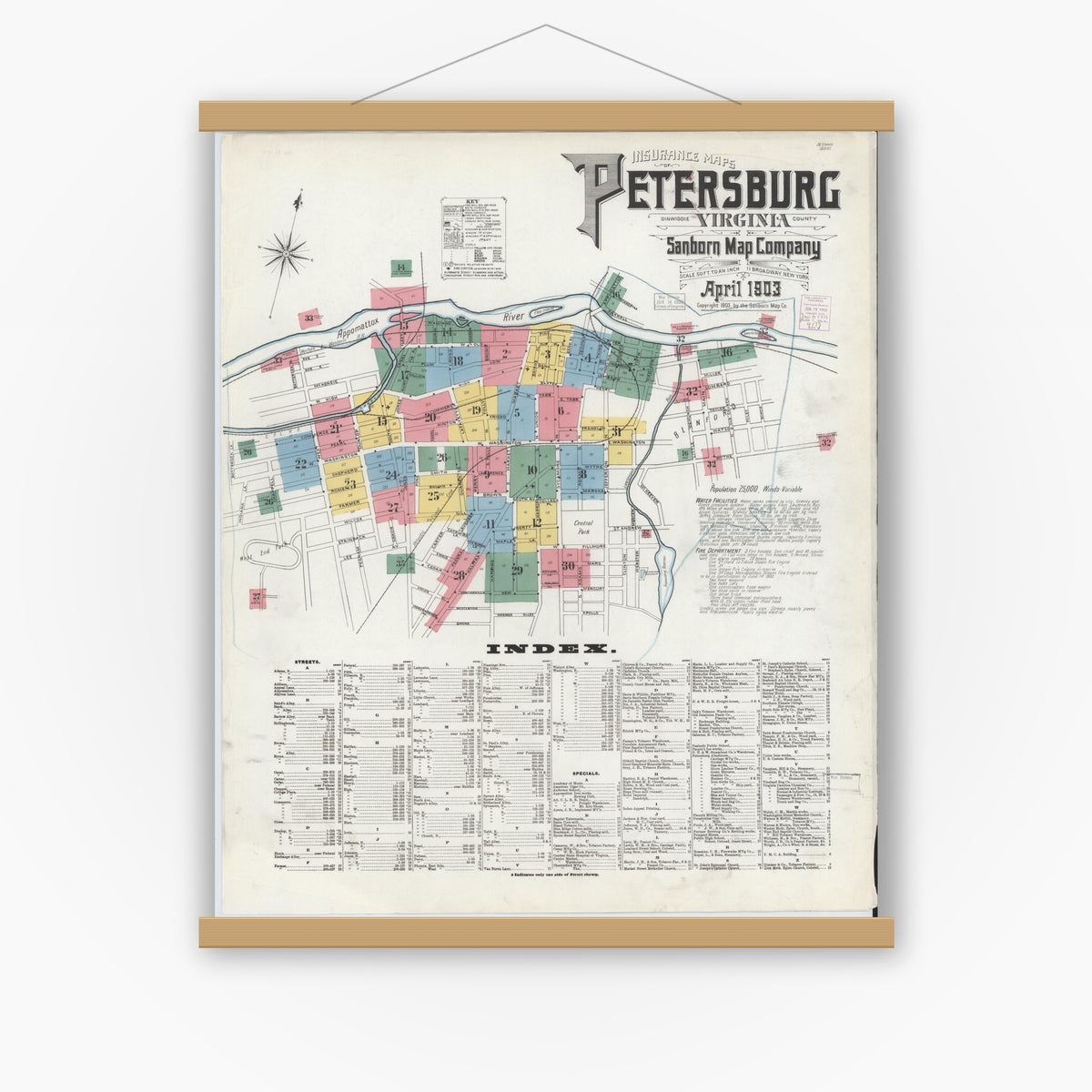 Old map wall art mockup — magnetic wood frame on white wall — Sanborn Fire Insurance Map from Petersburg, Independent Cities, Virginia (1903), Sheet #0001