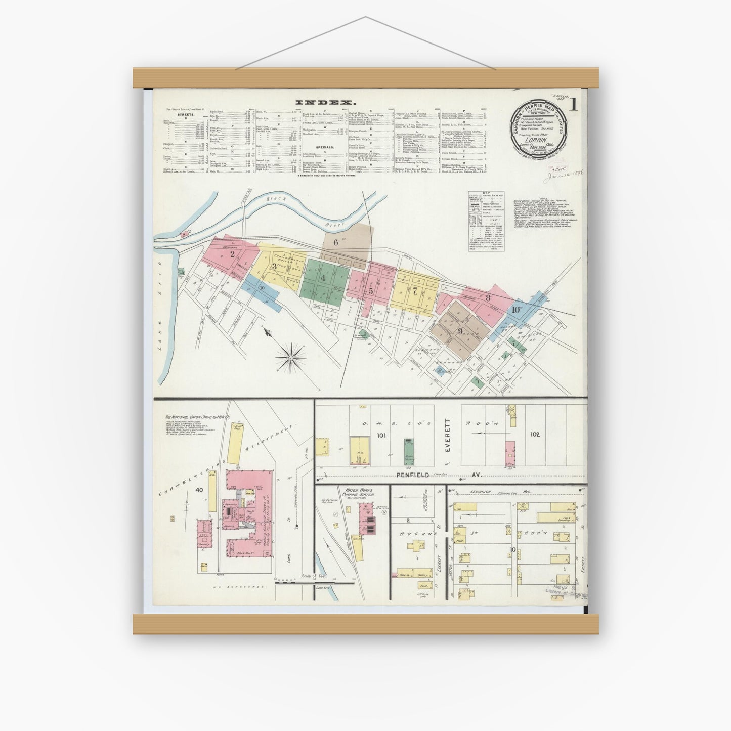 Old map wall art mockup — magnetic wood frame on white wall — Sanborn Fire Insurance Map from Lorain, Lorain County, Ohio (1896), Sheet #0001