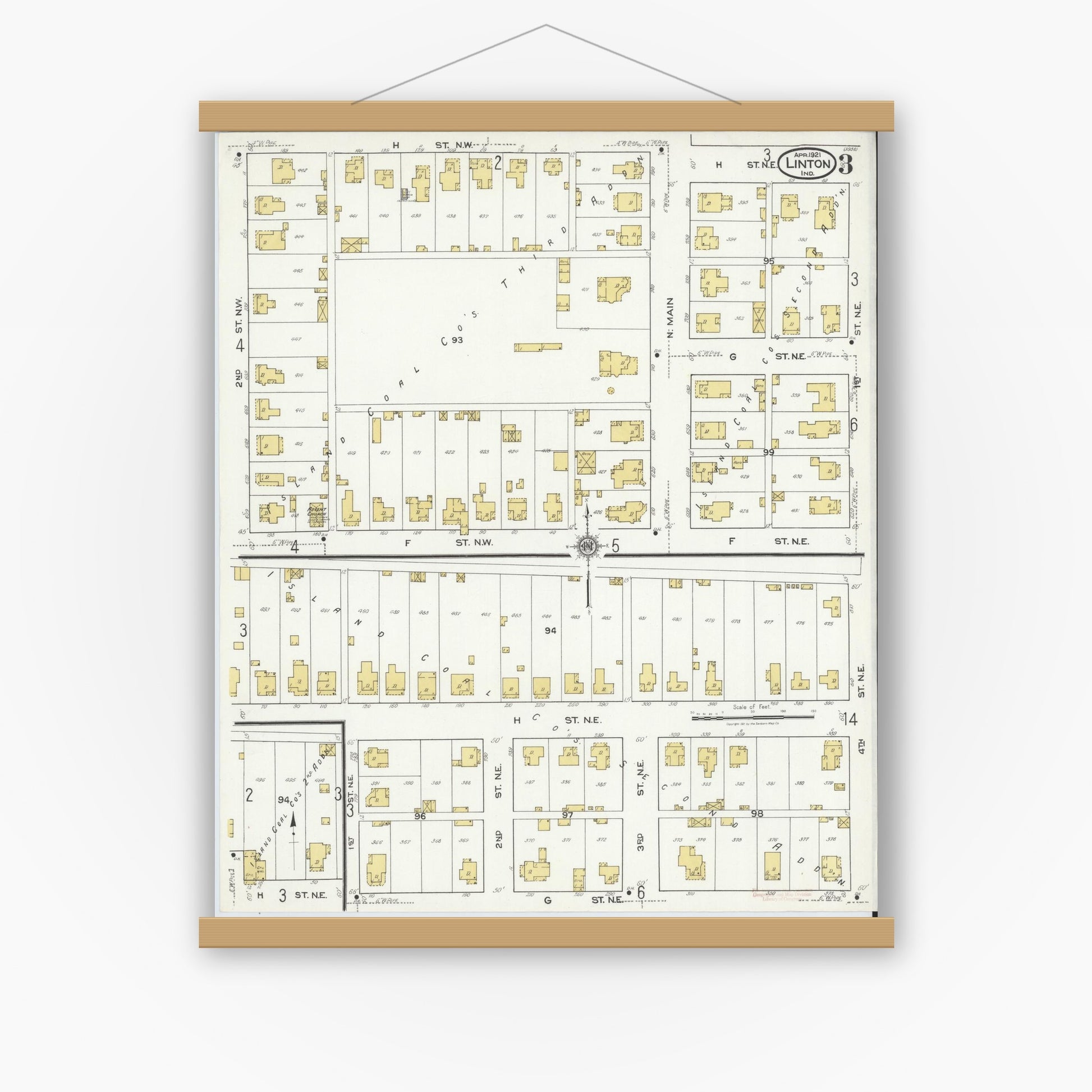 Old map wall art mockup — magnetic wood frame on white wall — Sanborn Fire Insurance Map from Linton, Greene County, Indiana (1921), Sheet #0003