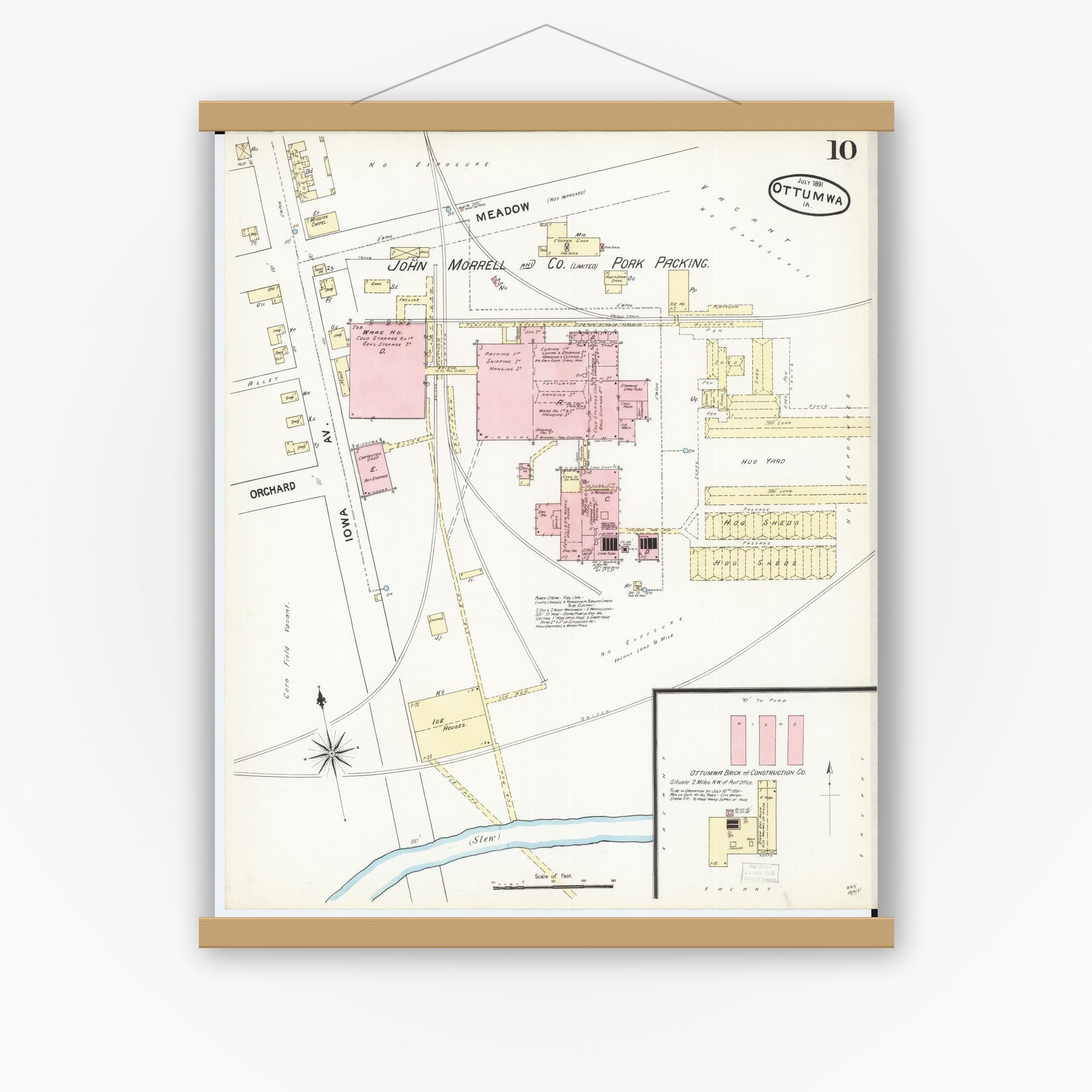 Old map wall art mockup — magnetic wood frame on white wall — Sanborn Fire Insurance Map from Ottumwa, Wapello County, Iowa (1891), Sheet #0010
