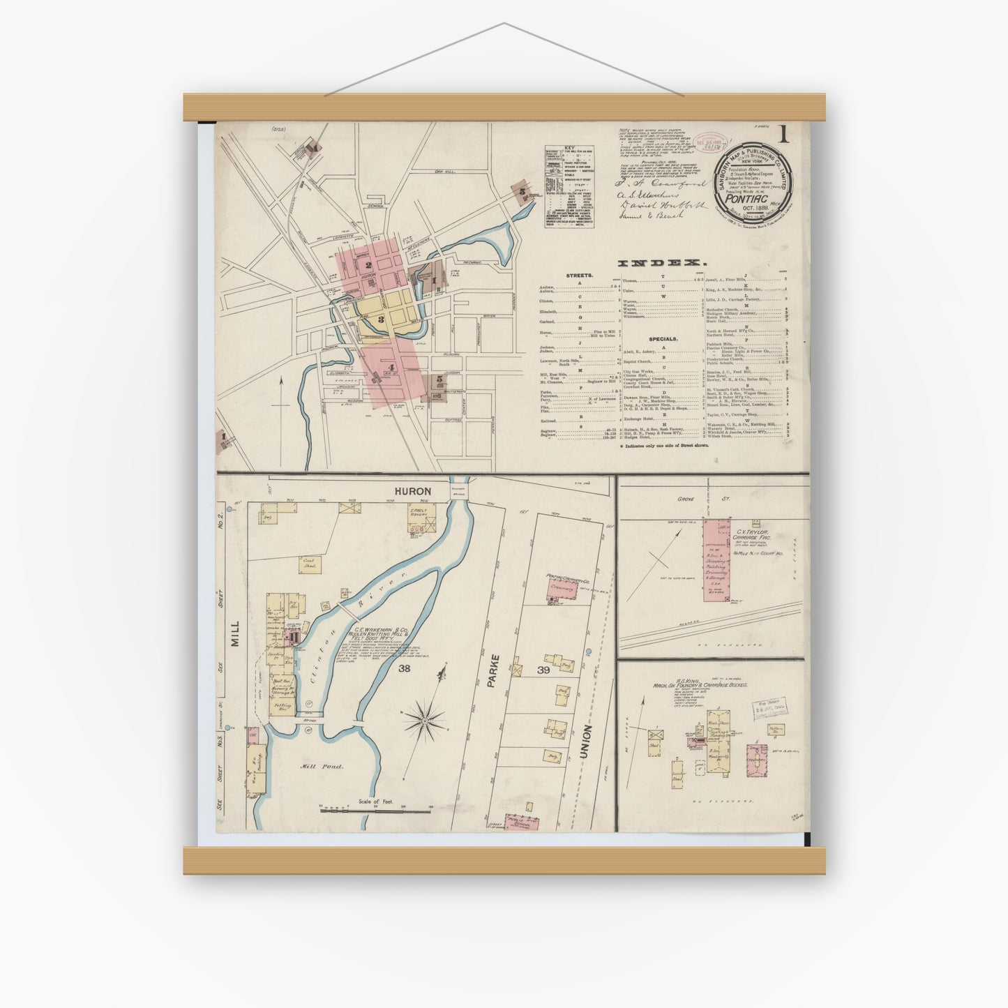 Old map wall art mockup — magnetic wood frame on white wall — Sanborn Fire Insurance Map from Pontiac, Oakland County, Michigan (1888), Sheet #0001