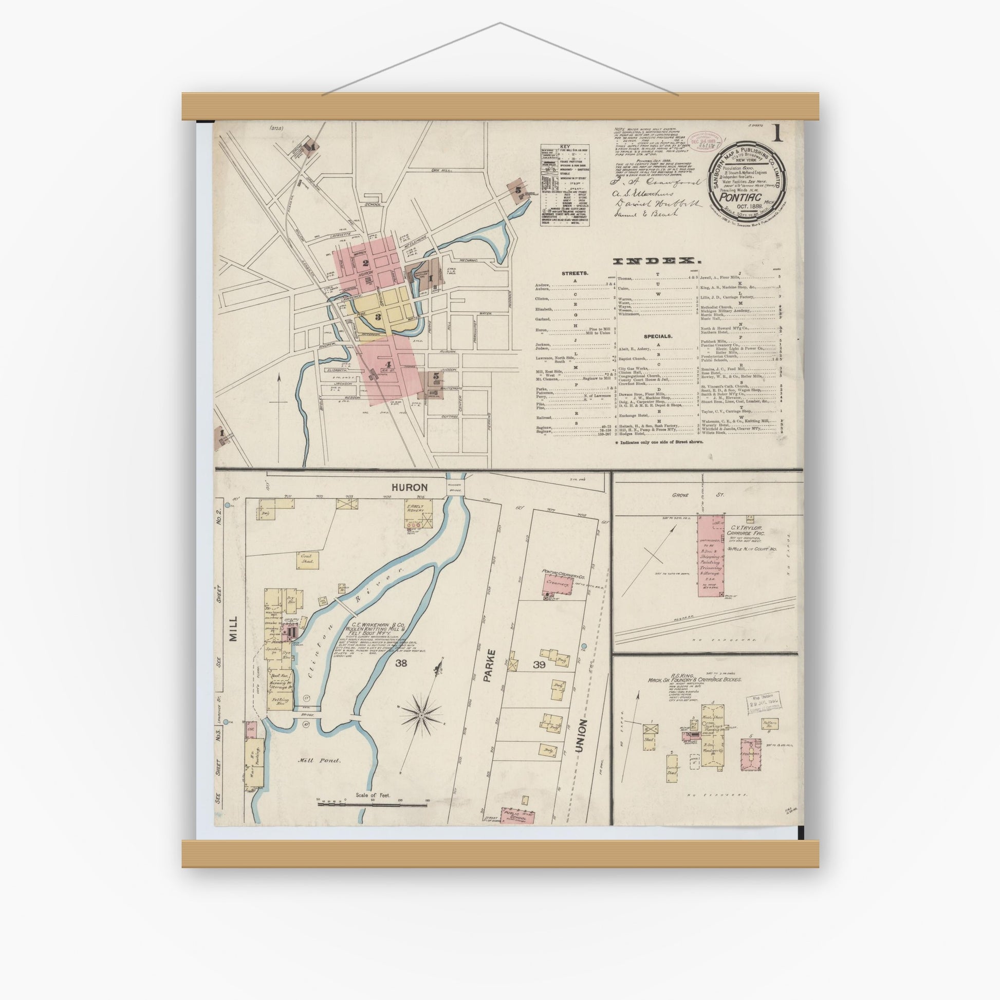 Old map wall art mockup — magnetic wood frame on white wall — Sanborn Fire Insurance Map from Pontiac, Oakland County, Michigan (1888), Sheet #0001