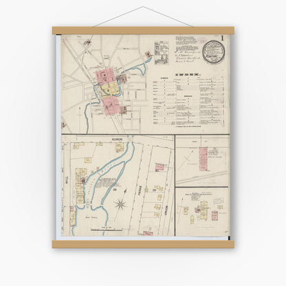 Old map wall art mockup — magnetic wood frame on white wall — Sanborn Fire Insurance Map from Pontiac, Oakland County, Michigan (1888), Sheet #0001