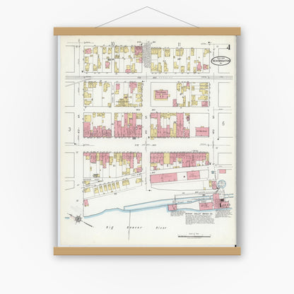 Old map wall art mockup — magnetic wood frame on white wall — Sanborn Fire Insurance Map from New Brighton, Beaver County, Pennsylvania (1918), Sheet #0004