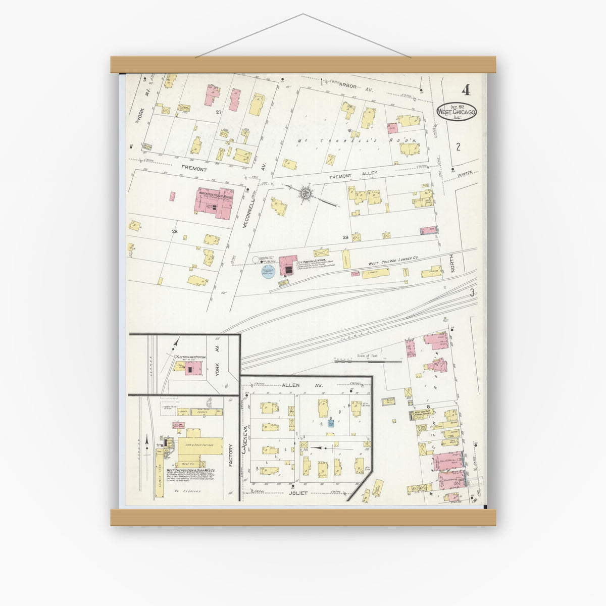 Old map wall art mockup — magnetic wood frame on white wall — Sanborn Fire Insurance Map from West Chicago, Du Page County, Illinois (1912), Sheet #0004
