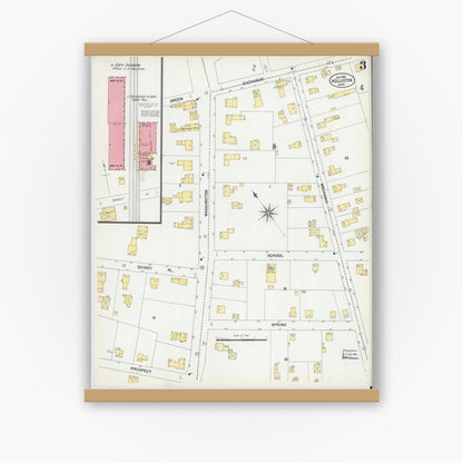 Old map wall art mockup — magnetic wood frame on white wall — Sanborn Fire Insurance Map from Holliston, Middlesex County, Massachusetts (1901), Sheet #0003