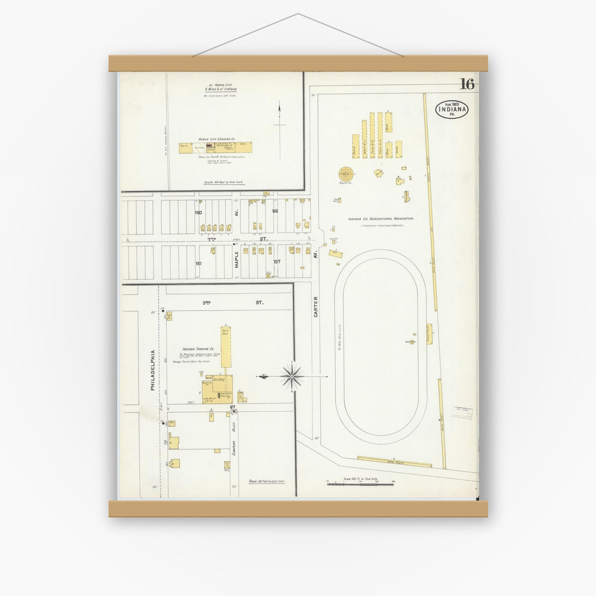 Old map wall art mockup — magnetic wood frame on white wall — Sanborn Fire Insurance Map from Indiana, Indiana County, Pennsylvania (1903), Sheet #0016