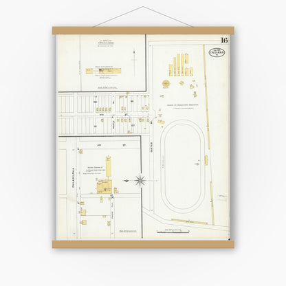 Old map wall art mockup — magnetic wood frame on white wall — Sanborn Fire Insurance Map from Indiana, Indiana County, Pennsylvania (1903), Sheet #0016