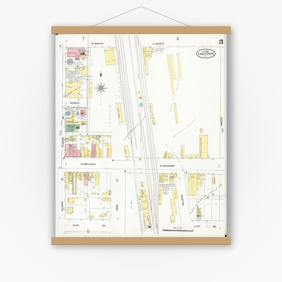 Old map wall art mockup — magnetic wood frame on white wall — Sanborn Fire Insurance Map from Eagle Grove, Wright County, Iowa (1906), Sheet #0003