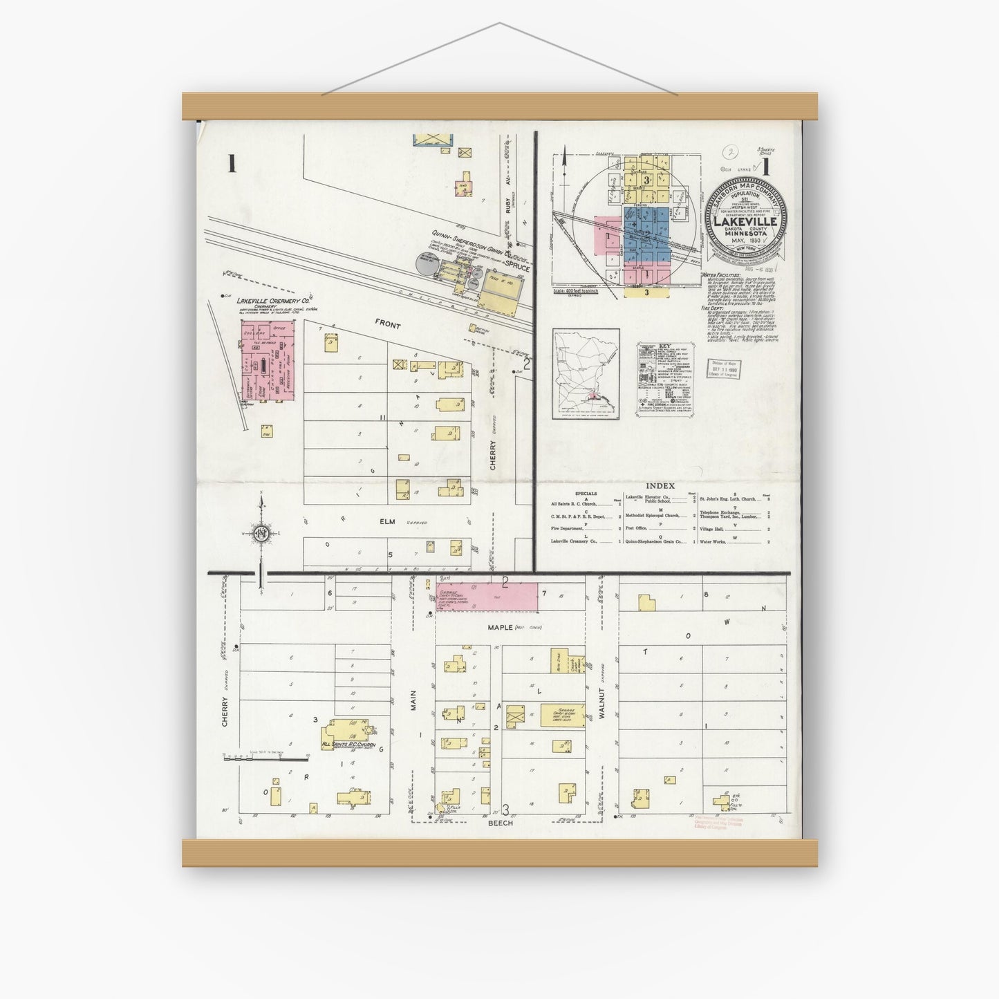 Old map wall art mockup — magnetic wood frame on white wall — Sanborn Fire Insurance Map from Lakeville, Dakota County, Minnesota (1930) - Complete Map Set