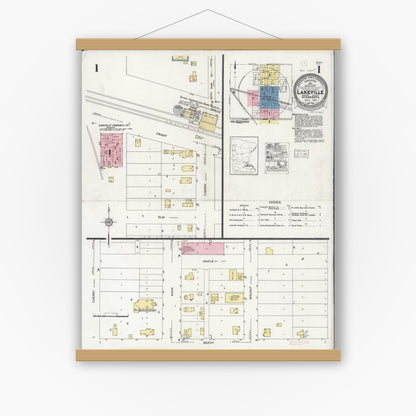 Old map wall art mockup — magnetic wood frame on white wall — Sanborn Fire Insurance Map from Lakeville, Dakota County, Minnesota (1930) - Complete Map Set