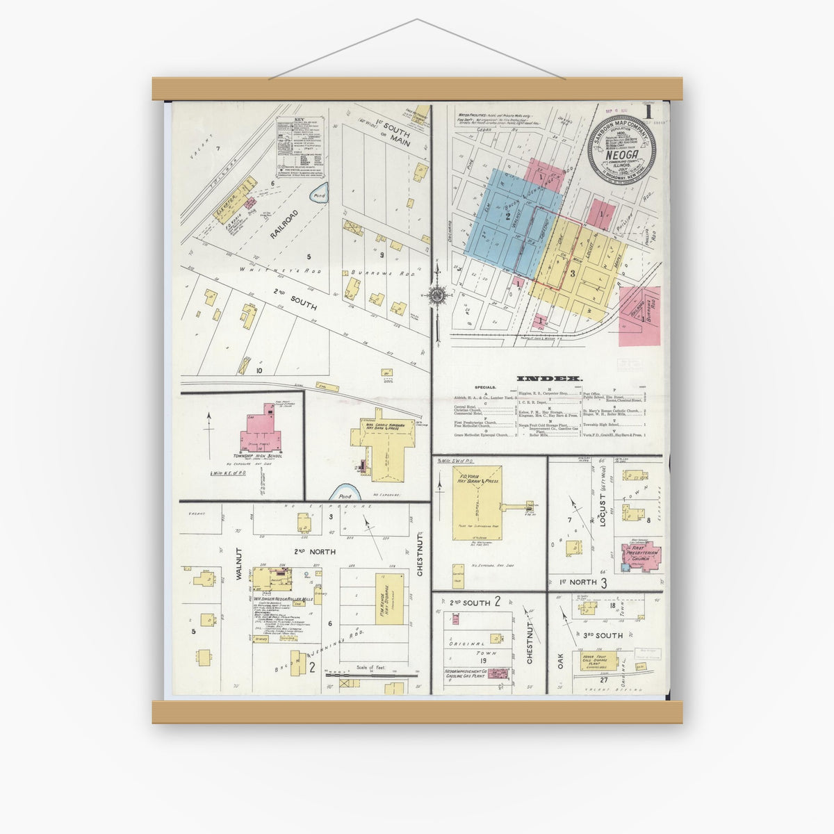 Old map wall art mockup — magnetic wood frame on white wall — Sanborn Fire Insurance Map from Neoga, Cumberland County, Illinois (1910) - Complete Map Set