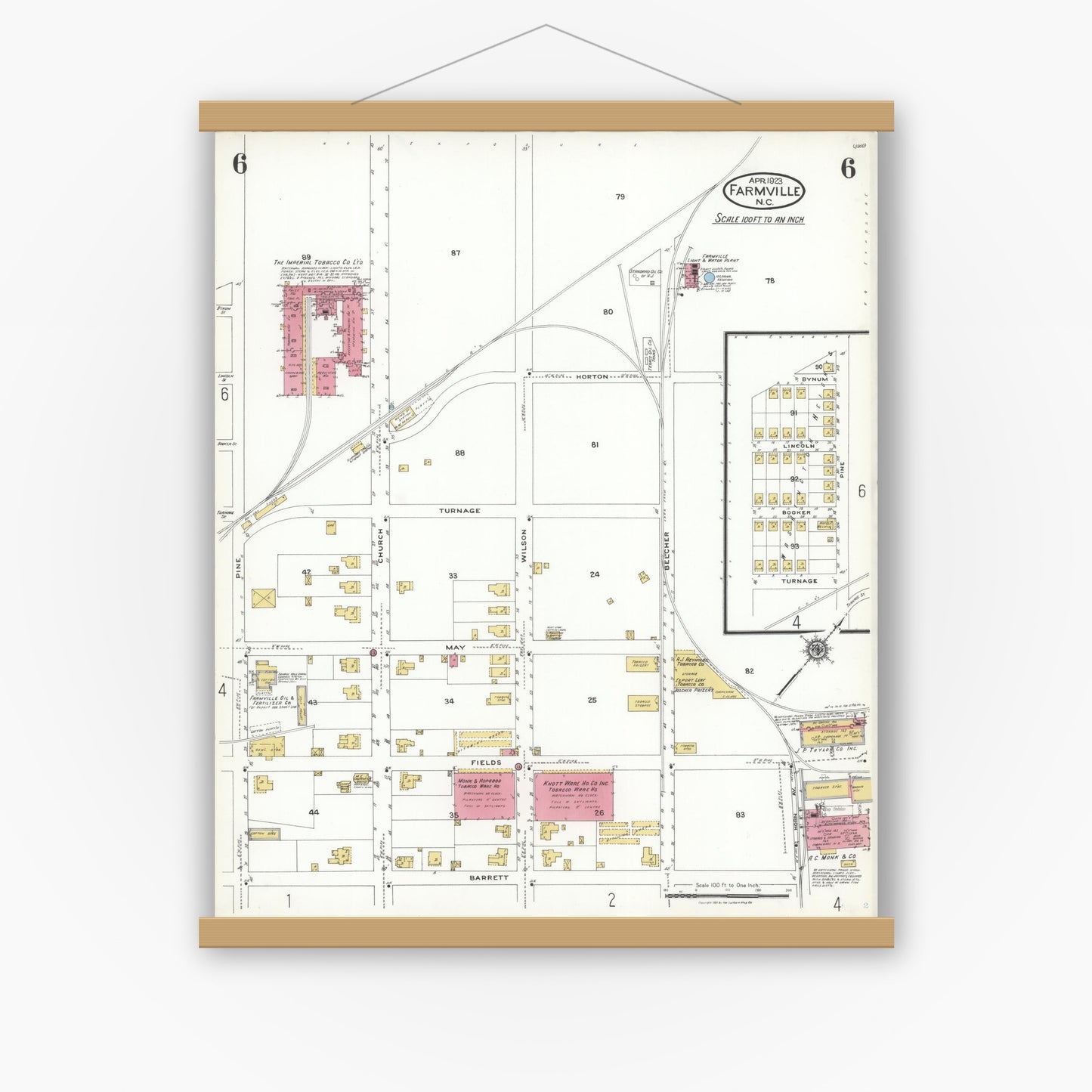 Old map wall art mockup — magnetic wood frame on white wall — Sanborn Fire Insurance Map from Farmville, Pitt County, North Carolina (1923), Sheet #0006