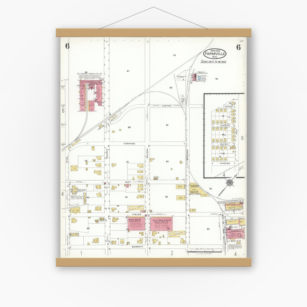 Old map wall art mockup — magnetic wood frame on white wall — Sanborn Fire Insurance Map from Farmville, Pitt County, North Carolina (1923), Sheet #0006