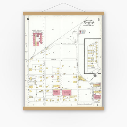 Old map wall art mockup — magnetic wood frame on white wall — Sanborn Fire Insurance Map from Farmville, Pitt County, North Carolina (1923), Sheet #0006