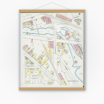 Old map wall art mockup — magnetic wood frame on white wall — Sanborn Fire Insurance Map from Jackson, Jackson County, Michigan (1893), Sheet #0009