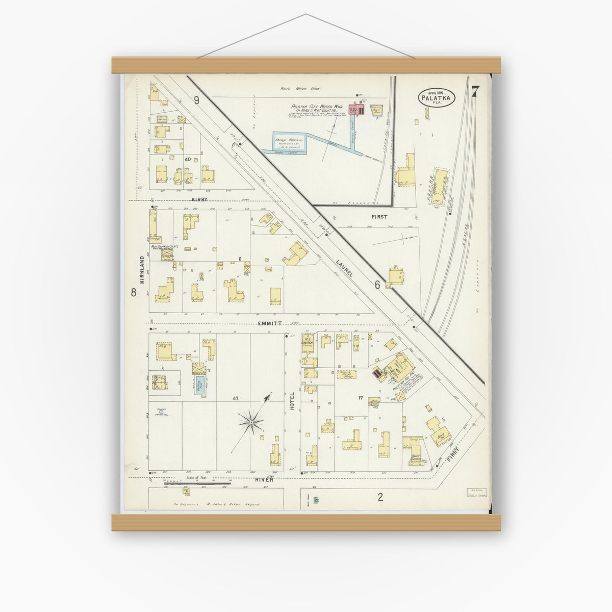 Old map wall art mockup — magnetic wood frame on white wall — Sanborn Fire Insurance Map from Palatka, Putnam County, Florida (1897), Sheet #0007