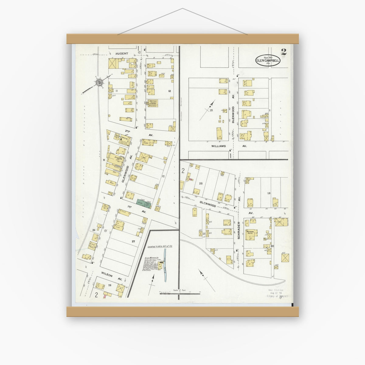 Old map wall art mockup — magnetic wood frame on white wall — Sanborn Fire Insurance Map from Glen Campbell, Indiana County, Pennsylvania (1910), Sheet #0002
