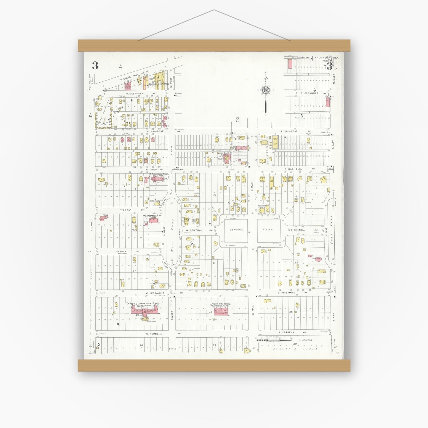 Old map wall art mockup — magnetic wood frame on white wall — Sanborn Fire Insurance Map from La Feria, Cameron County, Texas (1936), Sheet #0003