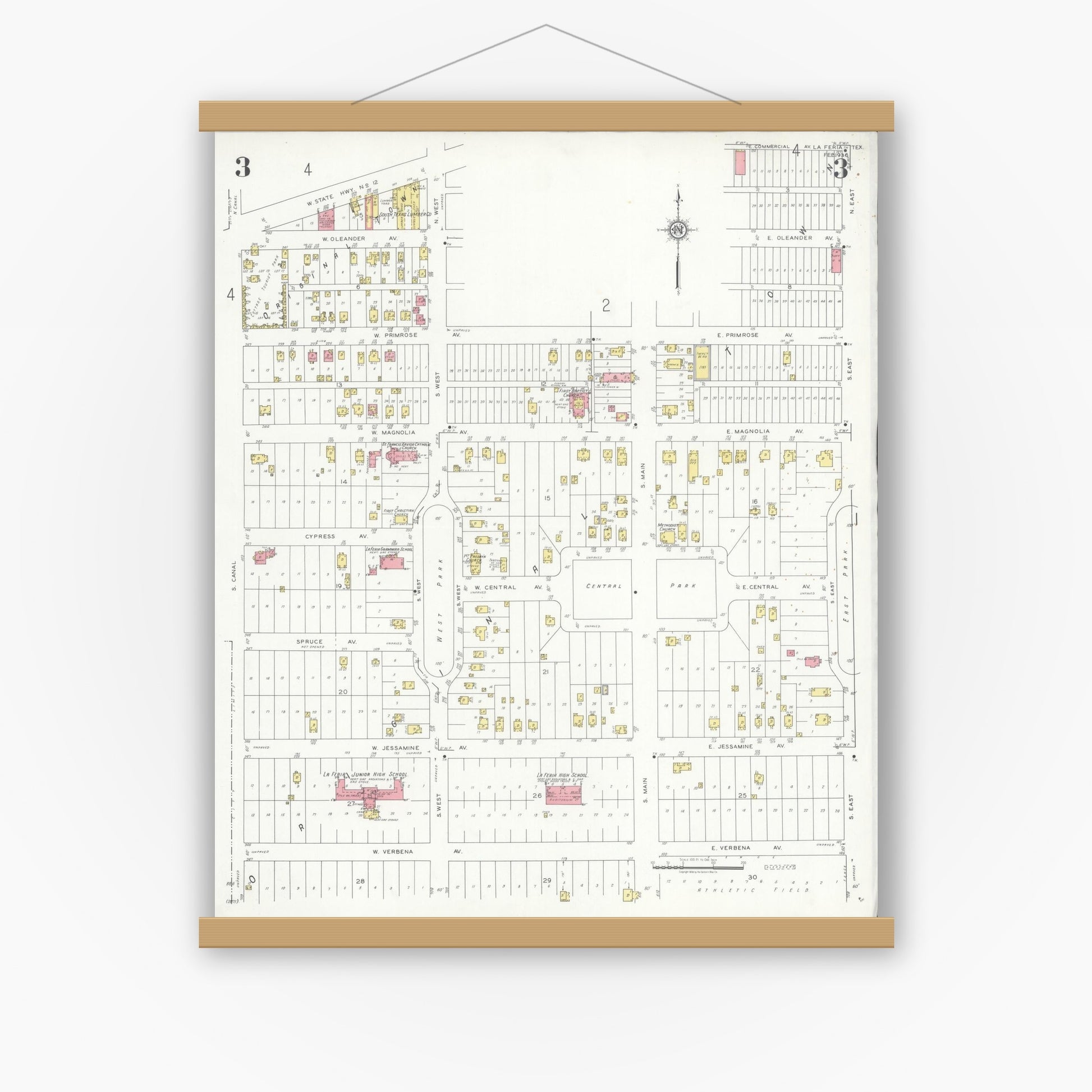 Old map wall art mockup — magnetic wood frame on white wall — Sanborn Fire Insurance Map from La Feria, Cameron County, Texas (1936), Sheet #0003