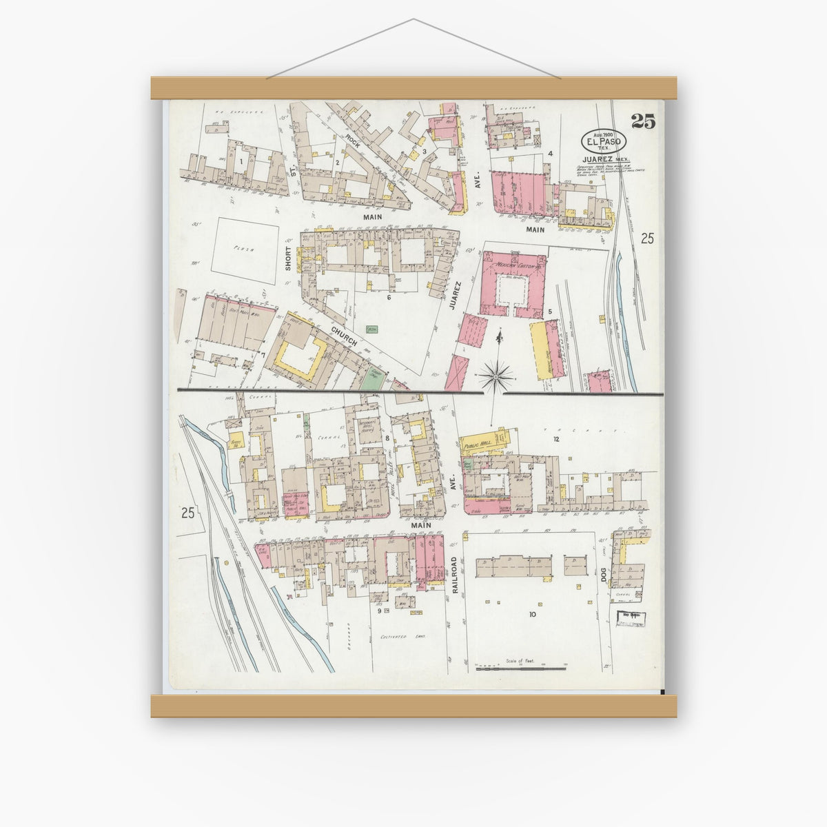 Old map wall art mockup — magnetic wood frame on white wall — Sanborn Fire Insurance Map from El Paso, El Paso County, Texas (1900), Sheet #0025