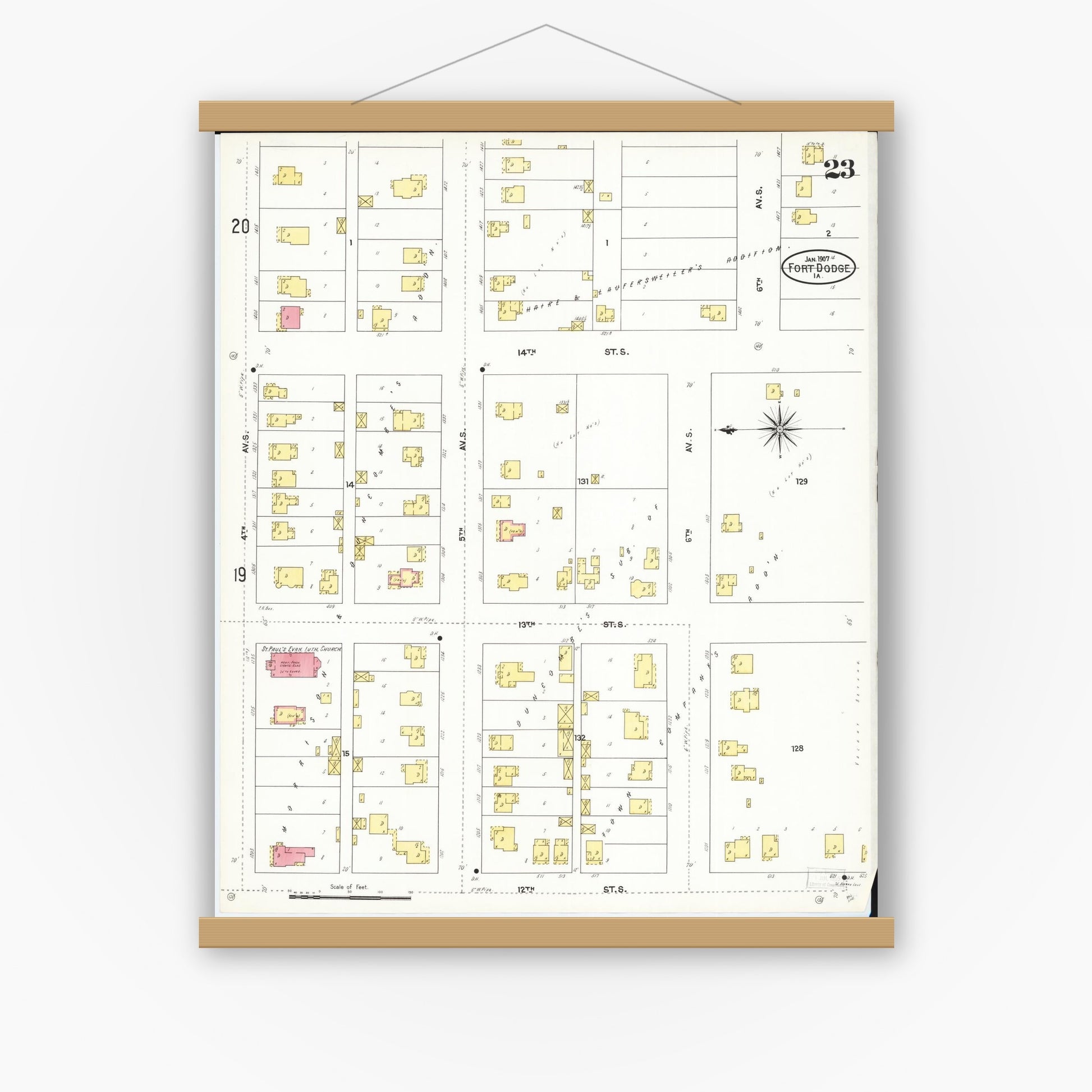 Old map wall art mockup — magnetic wood frame on white wall — Sanborn Fire Insurance Map from Fort Dodge, Webster County, Iowa (1907), Sheet #0023