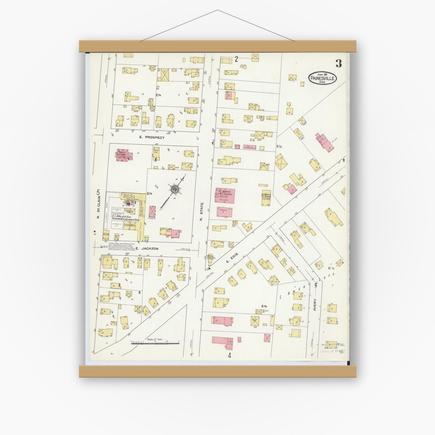 Old map wall art mockup — magnetic wood frame on white wall — Sanborn Fire Insurance Map from Painesville, Lake County, Ohio (1911), Sheet #0003