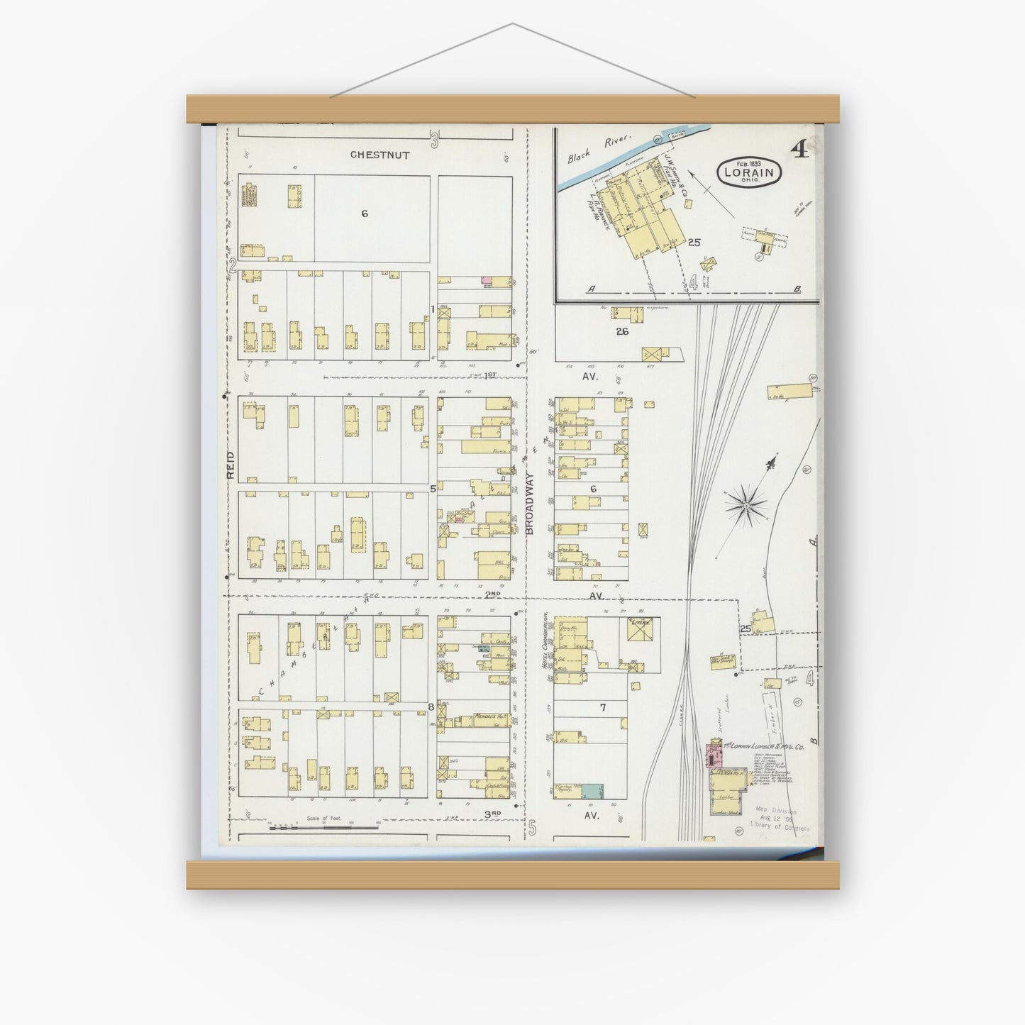 Old map wall art mockup — magnetic wood frame on white wall — Sanborn Fire Insurance Map from Lorain, Lorain County, Ohio (1893), Sheet #0004