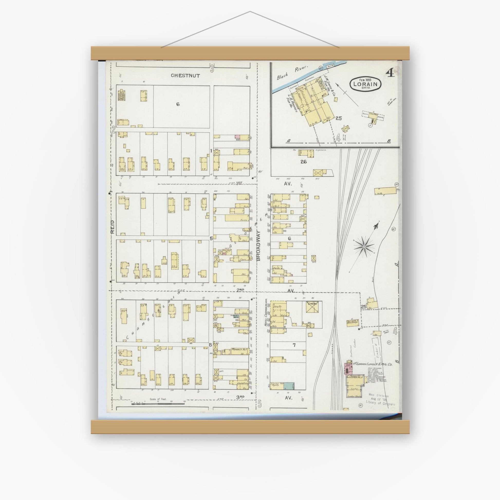 Old map wall art mockup — magnetic wood frame on white wall — Sanborn Fire Insurance Map from Lorain, Lorain County, Ohio (1893), Sheet #0004