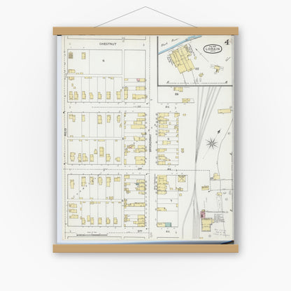 Old map wall art mockup — magnetic wood frame on white wall — Sanborn Fire Insurance Map from Lorain, Lorain County, Ohio (1893), Sheet #0004