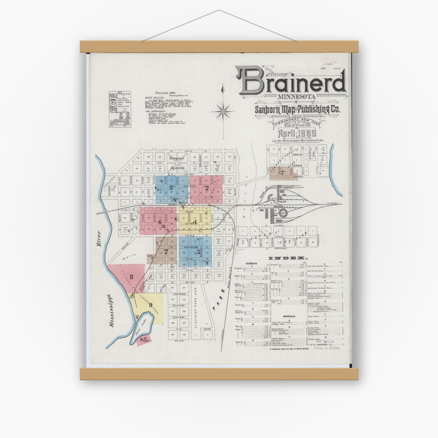 Old map wall art mockup — magnetic wood frame on white wall — Sanborn Fire Insurance Map from Brainerd, Crow Wing County, Minnesota (1889) - Complete Map Set