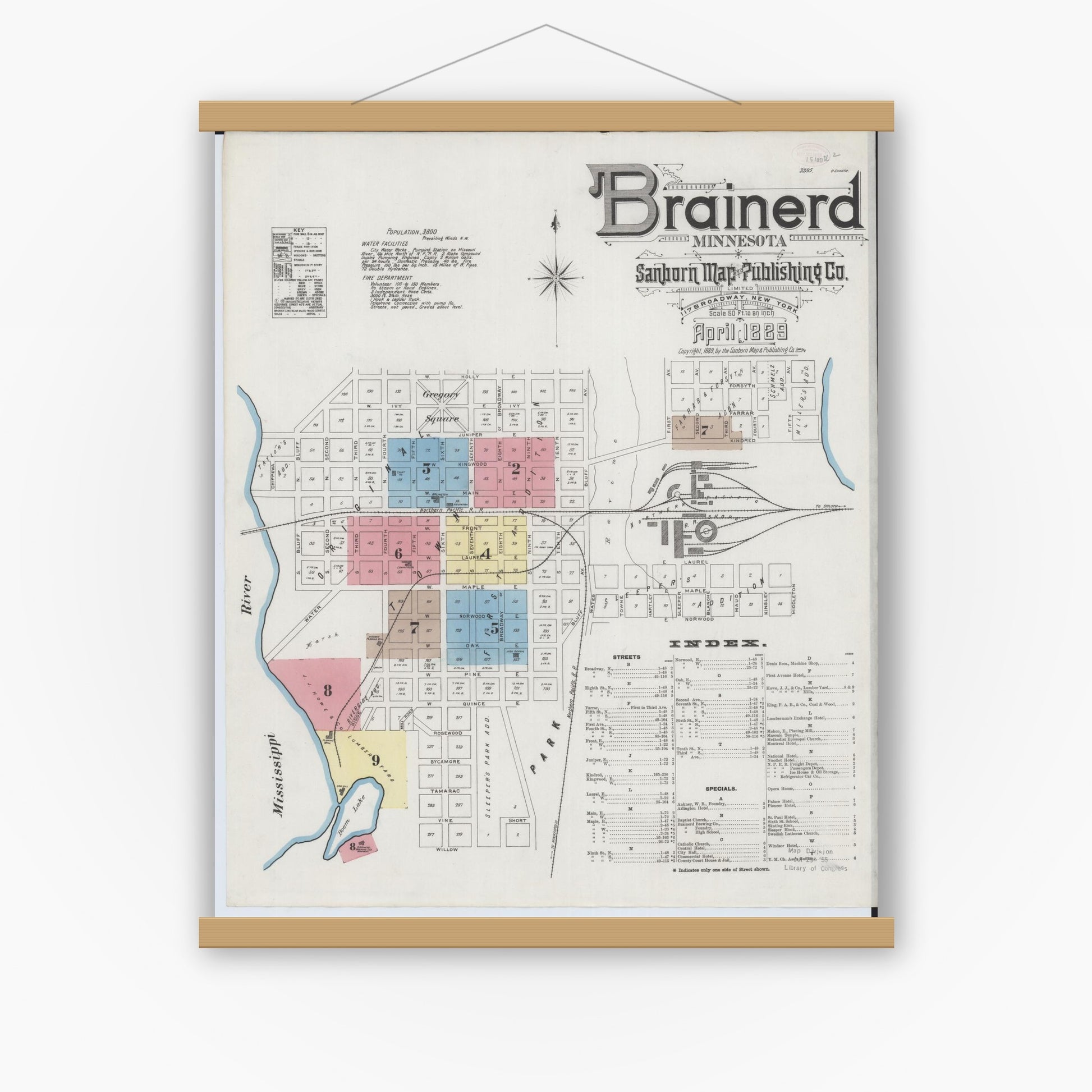 Old map wall art mockup — magnetic wood frame on white wall — Sanborn Fire Insurance Map from Brainerd, Crow Wing County, Minnesota (1889) - Complete Map Set