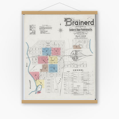 Old map wall art mockup — magnetic wood frame on white wall — Sanborn Fire Insurance Map from Brainerd, Crow Wing County, Minnesota (1889) - Complete Map Set