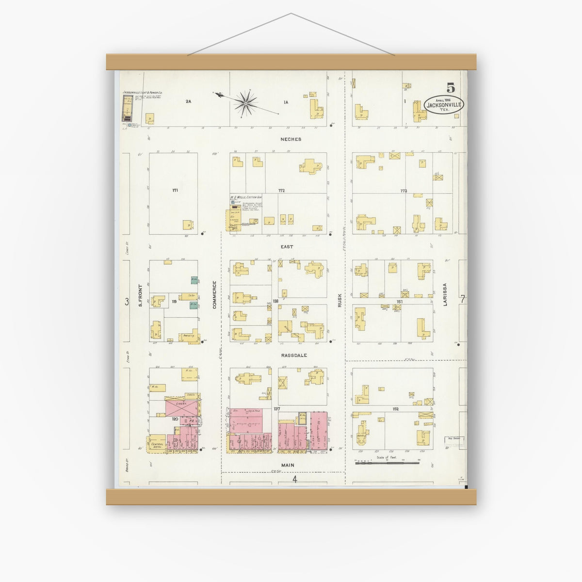 Old map wall art mockup — magnetic wood frame on white wall — Sanborn Fire Insurance Map from Jacksonville, Cherokee County, Texas (1906), Sheet #0005