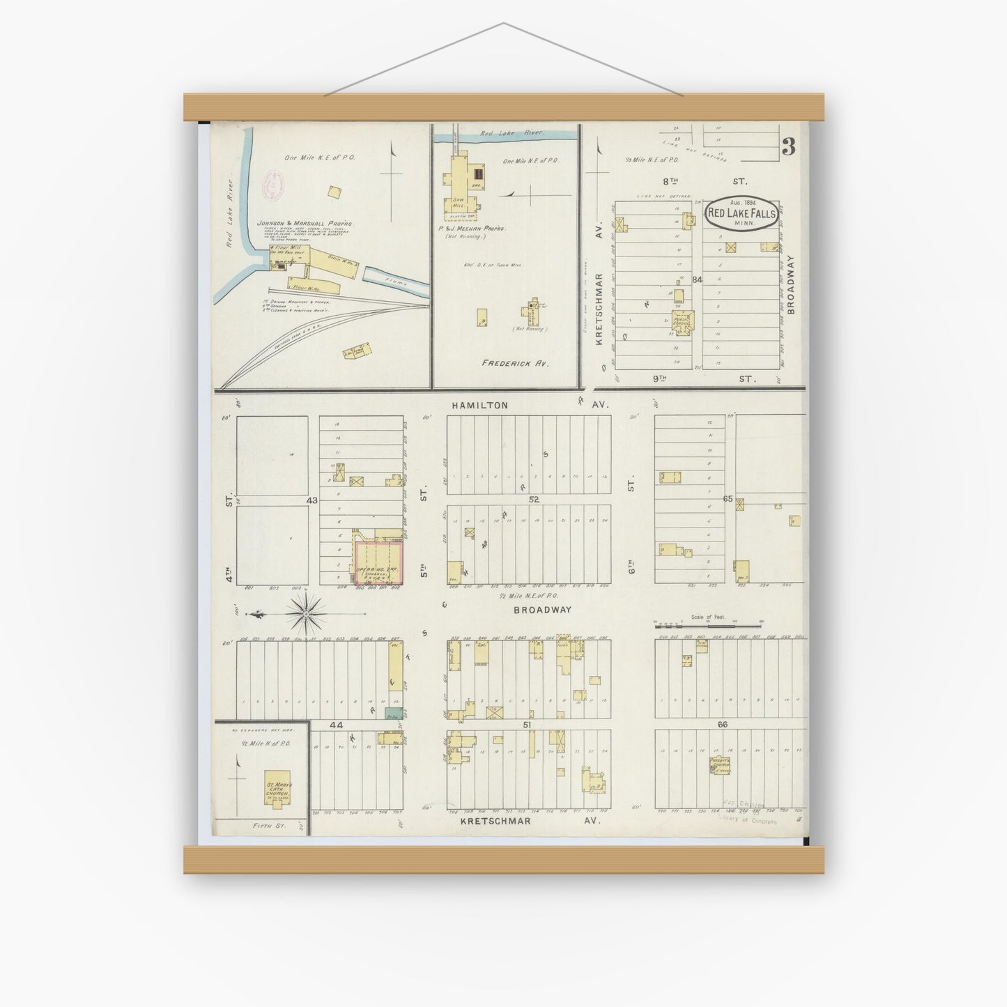 Old map wall art mockup — magnetic wood frame on white wall — Sanborn Fire Insurance Map from Red Lake Falls, Red Lake County, Minnesota (1894), Sheet #0003
